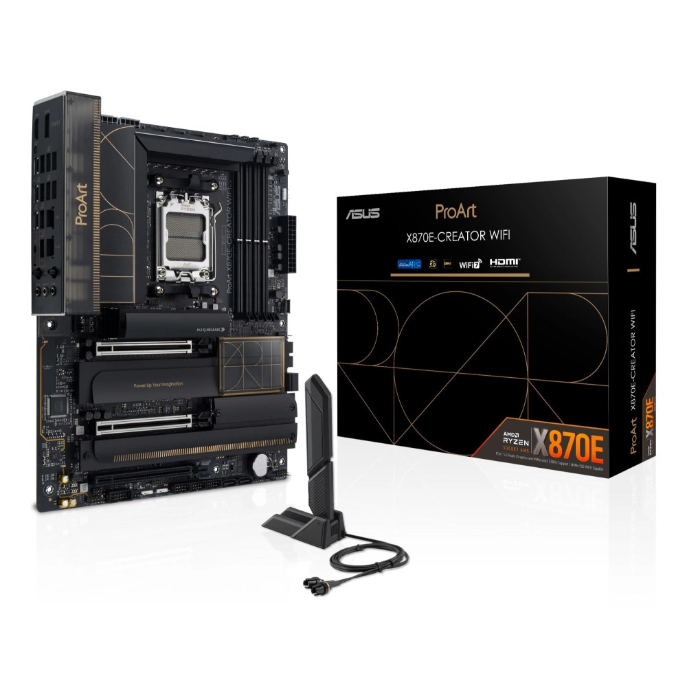 Mainboard|ASUS|AMD X870E|SAM5|ATX|Memory DDR5|Memory slots 4|3xPCI-Express 4.0 16x|2xPCI-Express 5.0 16x|4xM.2|1xHDMI|1xDisplayPort|1xUSB 2.0|7xUSB 3.2|3xUSB-C|1xRJ45|3xAudio port|PROARTX870E-CREATORWIFI