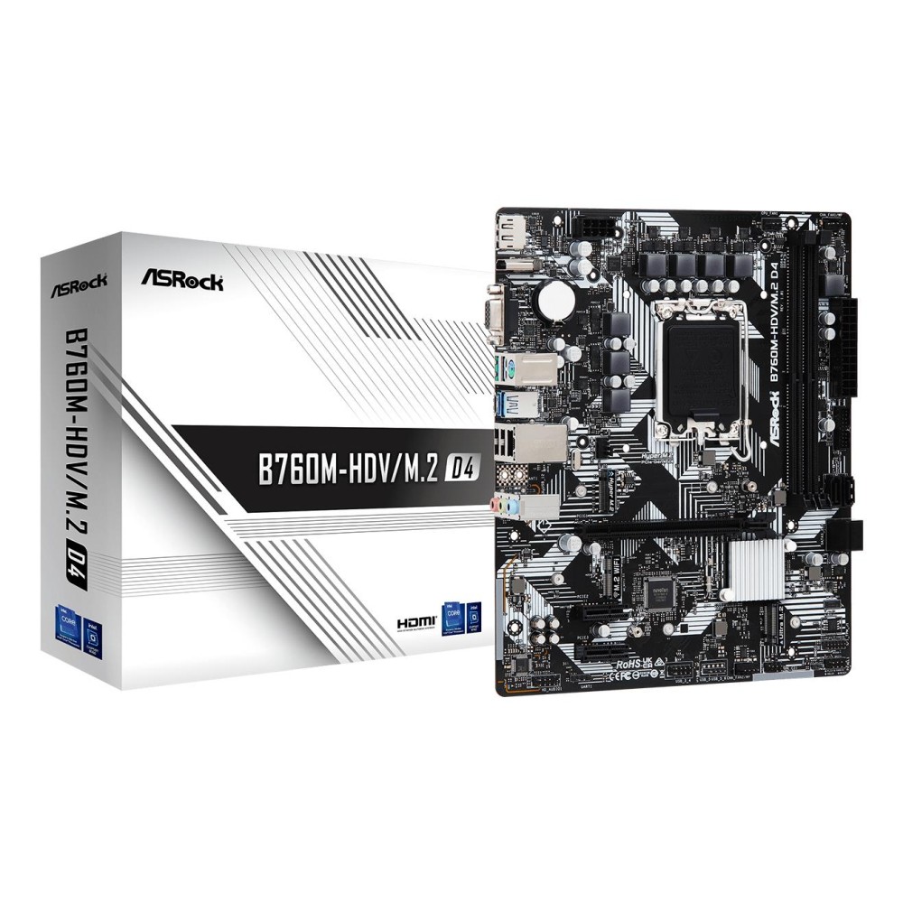 Mainboard|ASROCK|Intel B760 Express|LGA1700|Micro-ATX|Memory DDR4|Memory slots 2|2xPCI-Express 3.0 1x|1xPCI-Express 4.0 16x|2xM.2|1x15pin D-sub|1xHDMI|1xDisplayPort|2xUSB 2.0|3xUSB 3.2|1xUSB-C|1xPS/2|1xRJ45|3xAudio port|B760M-HDV/M.2D4