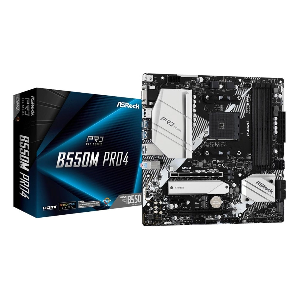 Mainboard|ASROCK|AMD B550|SAM4|MicroATX|1xPCI-Express 3.0 1x|1xPCI-Express 3.0 16x|1xM.2|1xPCI-Express 4.0 16x|Memory DDR4|Memory slots 4|1x15pin D-sub|1xHDMI|1xDisplayPort|2xUSB 2.0|1xUSB type C|5xUSB 3.2|1xPS/2|1xRJ45|3xAudio port|B550MPRO4