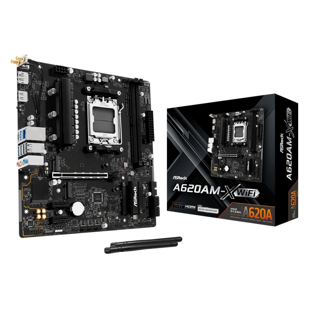 Mainboard|ASROCK|AMD A620|Socket AM5|micro ATX|RAM DDR5-SDRAM|2xSlots|Wi-Fi Yes|Bluetooth Yes|1xNumber of M.2 (M) slots|A620AM-XWIFI