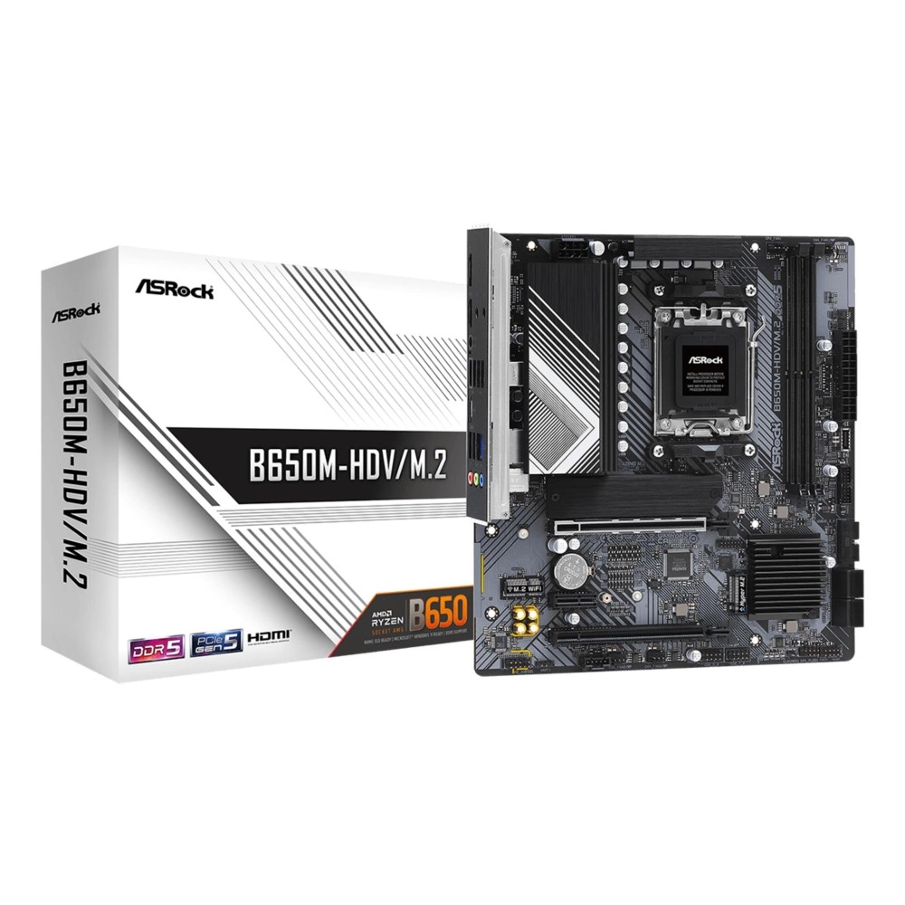 Mainboard|ASROCK|AMD B650|SAM5|Micro-ATX|Memory DDR5|Memory slots 2|1xPCI-Express 4.0 1x|2xPCI-Express 4.0 16x|1xM.2|1xHDMI|1xDisplayPort|1xAudio-In|1xAudio-Out|1xMicrophone|4xUSB 2.0|2xUSB 3.2|1xUSB-C|1xRJ45|B650M-HDV/M.2