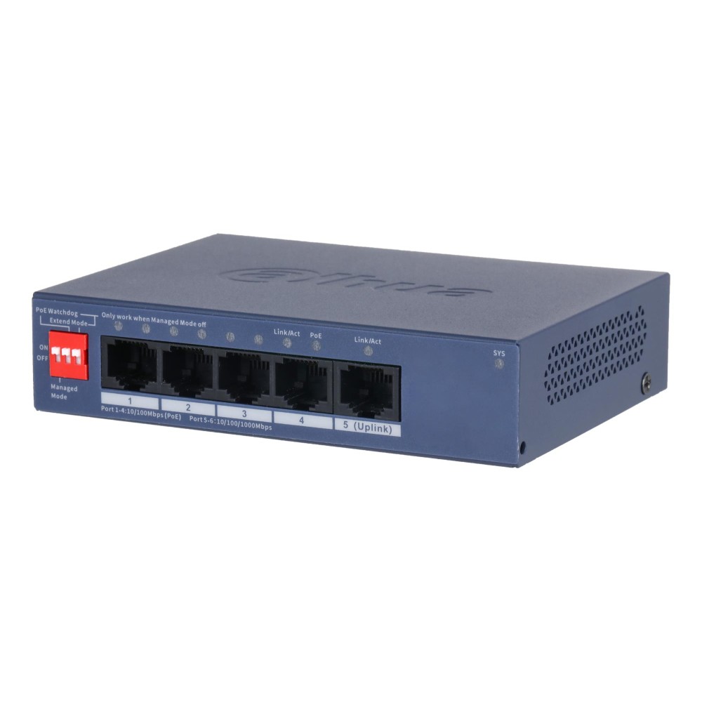 Switch|DAHUA|DH-CS4005-4ET1GT-36|Switch layer L2|4xRJ-45 ports|RJ-45 Ports Type Fast Ethernet (10/100)|1xGigabit Ethernet (copper) ports quantity|4xPower over Ethernet (PoE) ports quantity|Total Power over Ethernet (PoE) budget 36 W|CS4005-4ET1GT-36