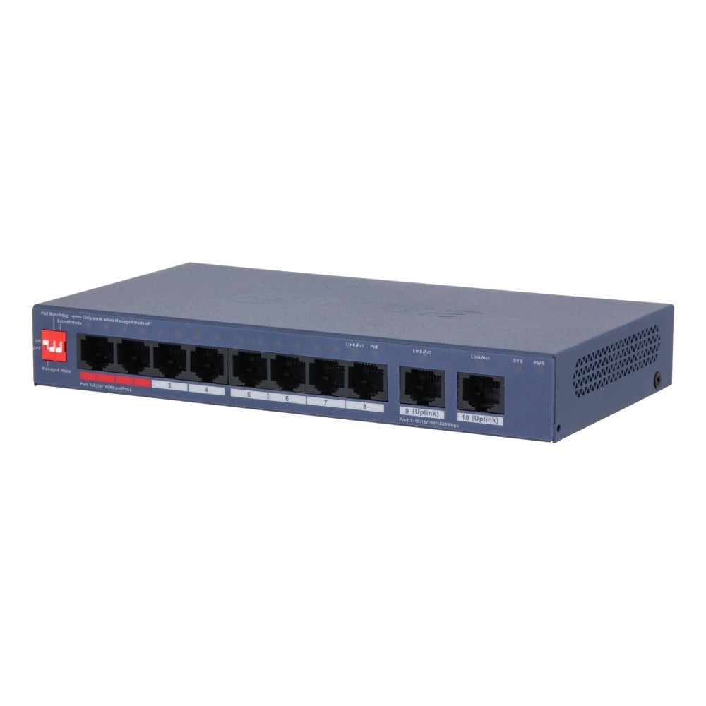 Switch|DAHUA|DH-CS4010-8ET2GT-110|Switch layer L2|8xRJ-45 ports|RJ-45 Ports Type Fast Ethernet (10/100)|2xGigabit Ethernet (copper) ports quantity|8xPower over Ethernet (PoE) ports quantity|Total Power over Ethernet (PoE) budget 110 W|CS4010-8ET2GT-1
