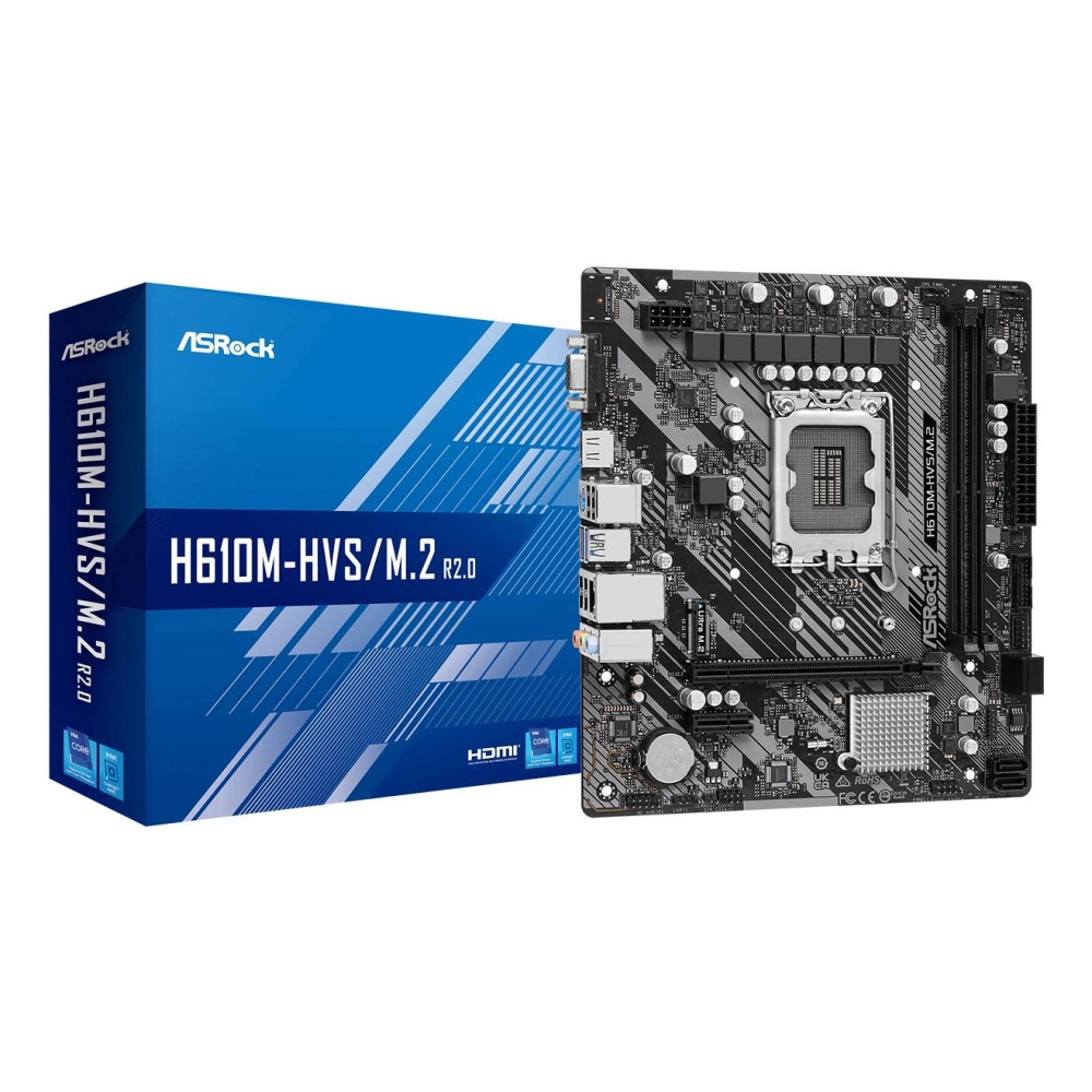Mainboard|ASROCK|Intel H610|LGA1700|Micro-ATX|Memory DDR4|Memory slots 2|1xPCI-Express 3.0 1x|1xPCI-Express 4.0 16x|1xM.2|1x15pin D-sub|1xHDMI|1xAudio-In|1xAudio-Out|1xMicrophone|4xUSB 2.0|2xUSB 3.2|1xPS/2|1xRJ45|H610M-HVS/M.2R2.0