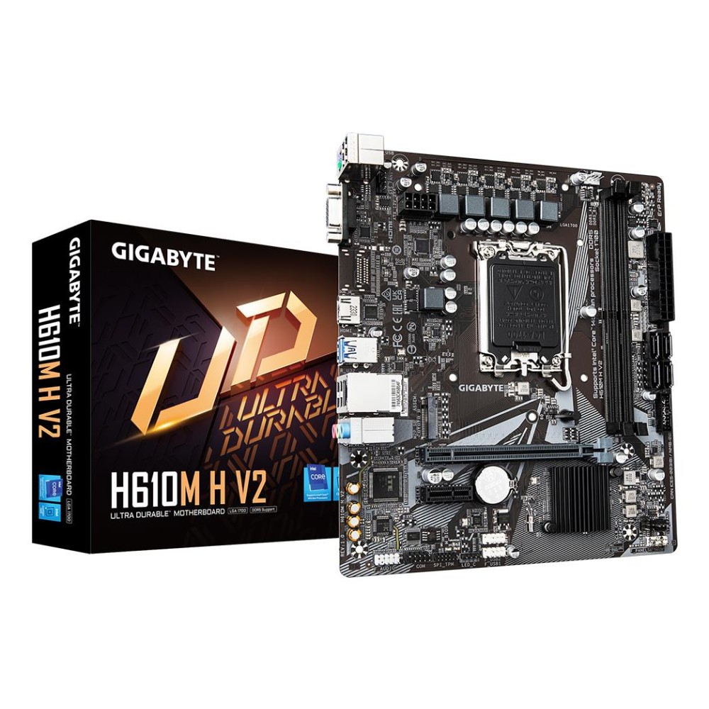 Mainboard|GIGABYTE|Intel H610|LGA1700|Micro-ATX|Memory DDR5|Memory slots 2|1xPCI-Express 3.0 1x|1xPCI-Express 4.0 16x|1xM.2|1x15pin D-sub|1xHDMI|4xUSB 2.0|2xUSB 3.2|1xPS/2|1xRJ45|3xAudio port|H610MHV21.0
