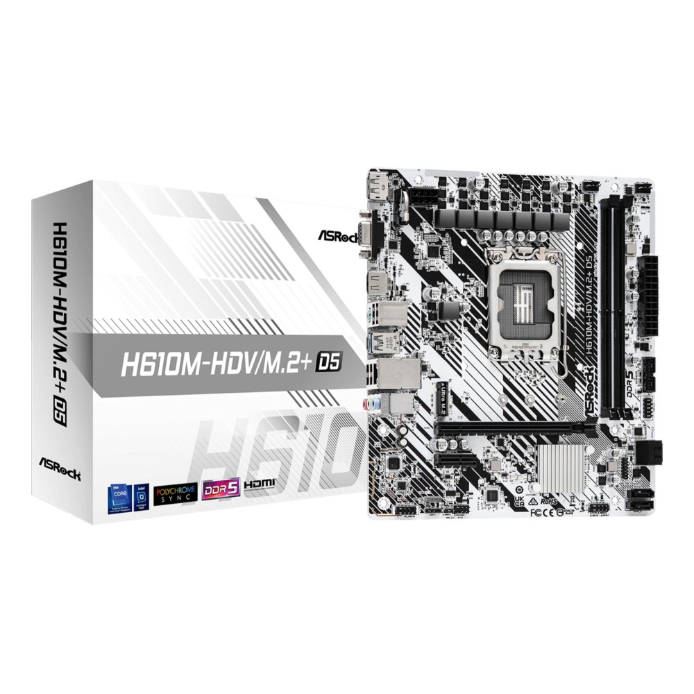 Mainboard|ASROCK|Intel H610|LGA1700|Micro-ATX|Memory DDR5|Memory slots 2|1xPCI-Express 3.0 1x|1xPCI-Express 4.0 16x|1xM.2|1x15pin D-sub|1xHDMI|1xDisplayPort|1xAudio-In|1xAudio-Out|1xMicrophone|4xUSB 2.0|1xUSB 3.2|1xUSB-C|1xPS/2|1xRJ45|H610M-HDV/M.2+D