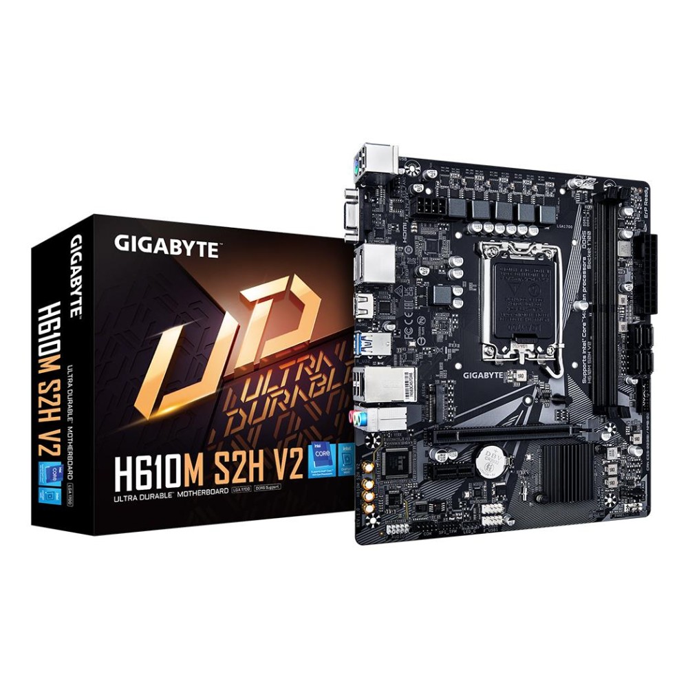 Mainboard|GIGABYTE|Intel H610|LGA1700|Micro-ATX|Memory DDR5|Memory slots 2|1xPCI-Express 3.0 1x|1xPCI-Express 4.0 16x|1xM.2|1x15pin D-sub|1xHDMI|2xDisplayPort|4xUSB 2.0|2xUSB 3.2|1xPS/2|1xRJ45|3xAudio port|H610MS2HV21.0