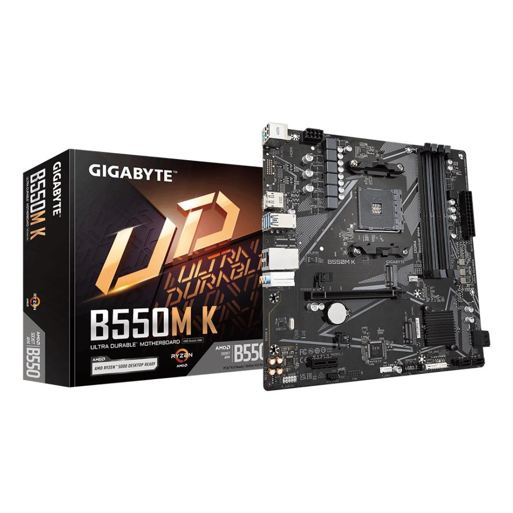Mainboard|GIGABYTE|AMD B550|SAM4|Micro-ATX|Memory DDR4|Memory slots 4|1xPCI-Express 3.0 1x|1xPCI-Express 4.0 16x|2xM.2|1xHDMI|1xDisplayPort|2xAudio-In|1xAudio-Out|4xUSB 2.0|4xUSB 3.2|1xPS/2|1xRJ45|B550MK