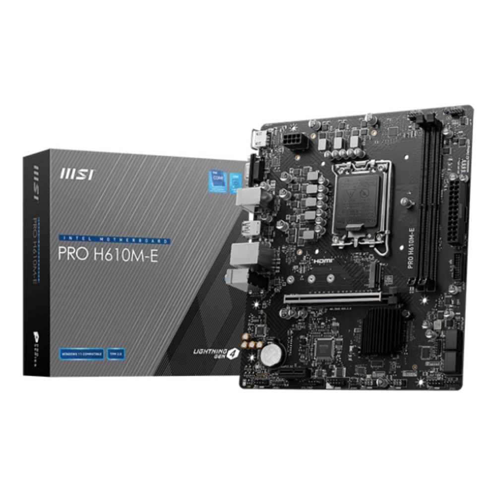 Mainboard|MSI|Intel H610|LGA1700|Micro-ATX|Memory DDR5|Memory slots 2|1xPCI-Express 1x|1xPCI-Express 16x|1xM.2|1x15pin D-sub|1xHDMI|4xUSB 2.0|2xUSB 3.2|1xPS/2|1xRJ45|3xAudio port|PROH610M-E