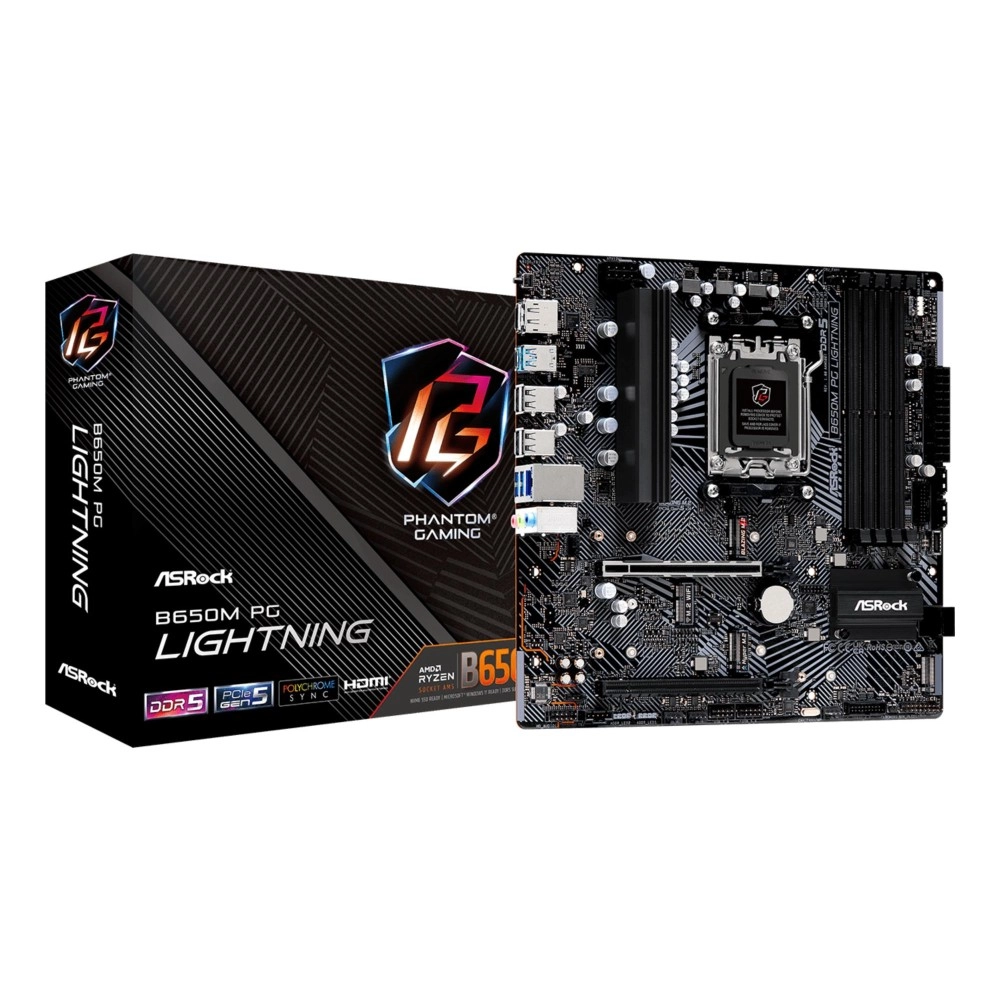 Mainboard|ASROCK|AMD B650|SAM5|Micro-ATX|Memory DDR5|Memory slots 4|1xPCI-Express 3.0 16x|1xPCI-Express 4.0 16x|3xM.2|1xHDMI|1xDisplayPort|4xUSB 2.0|3xUSB 3.2|1xUSB-C|1xRJ45|3xAudio port|B650MPGLIGHTNING