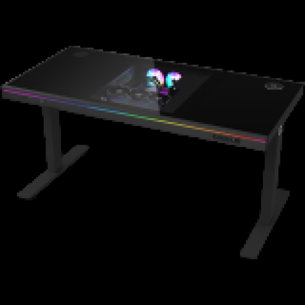 Dual-motor sit/stand adjustable-height gaming desk with built-in PC case, wireless charger, RGB lighting, control panel, and USB ports, tempered glass tabletop, black.