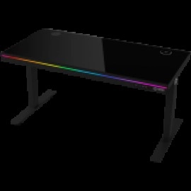 Dual-motor sit/stand adjustable-height gaming desk with wireless charger, RGB lighting, control panel, and USB ports, solid tempered glass tabletop, black.