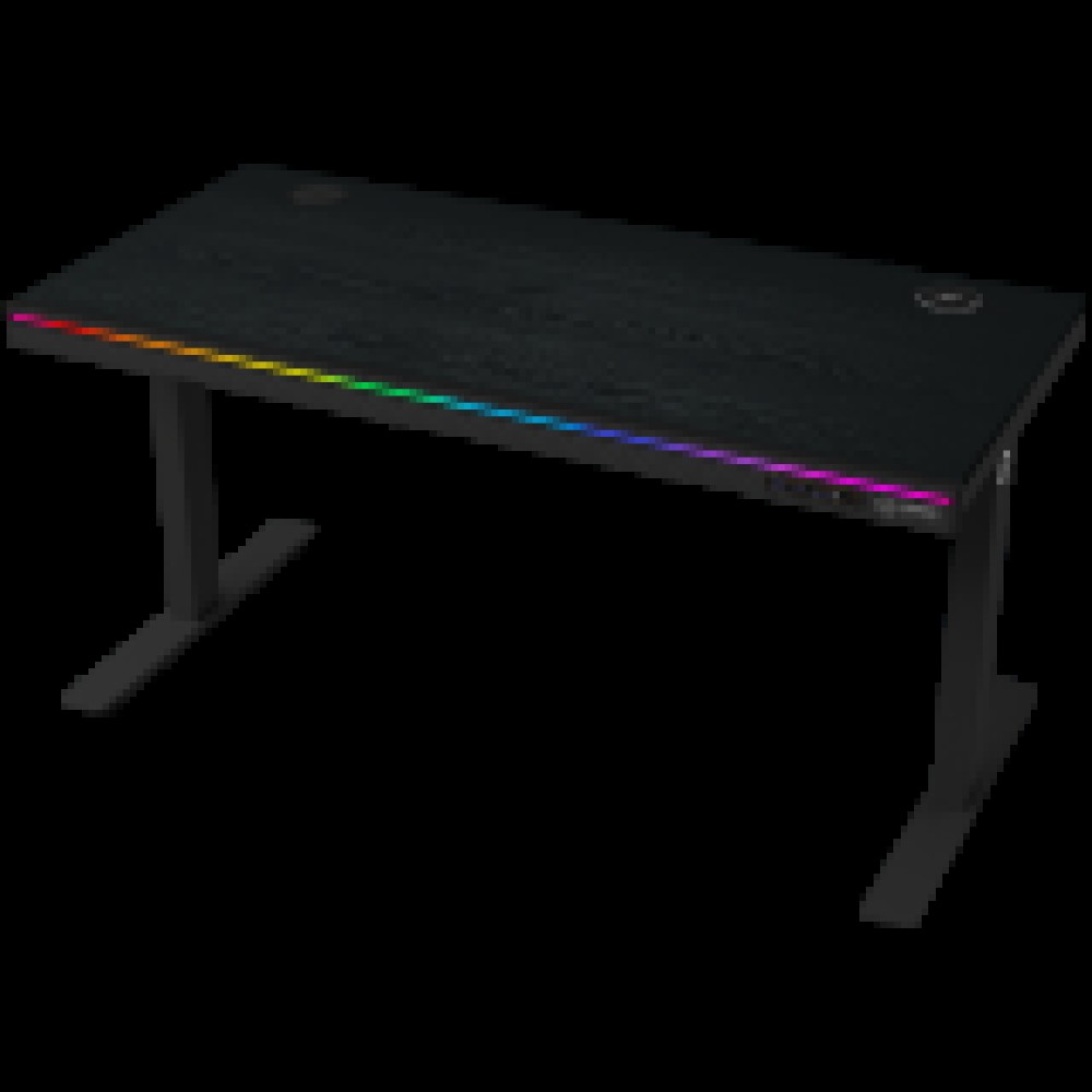 Dual-motor sit/stand adjustable-height gaming desk with wireless charger, RGB lighting, control panel, and USB ports, PB melamine surface tabletop, black.