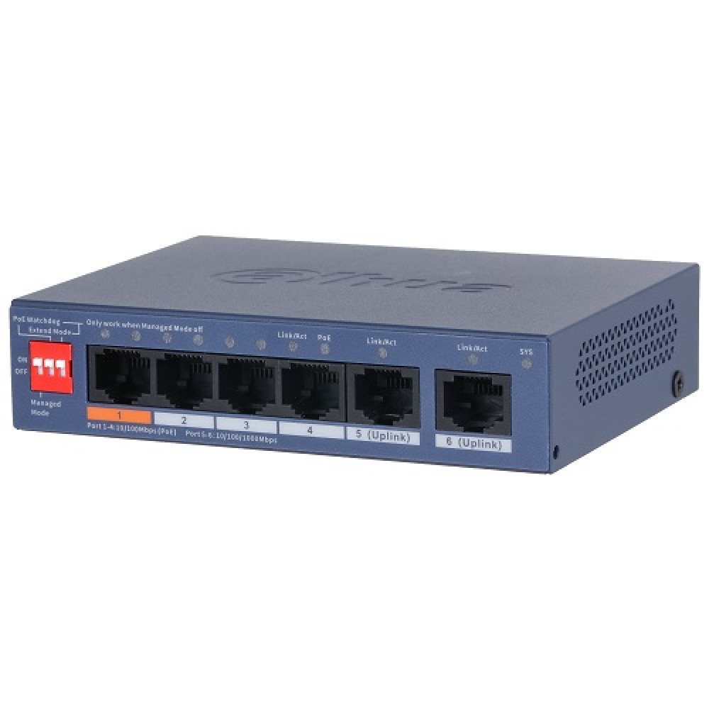 Switch|DAHUA|DH-CS4006-4ET2GT-60|Switch layer L2|2xRJ-45 ports|RJ-45 Ports Type Fast Ethernet (10/100)|4xGigabit Ethernet (copper) ports quantity|Power over Ethernet (PoE) Yes|4xPower over Ethernet (PoE) ports quantity|Total Power over Ethernet (PoE)