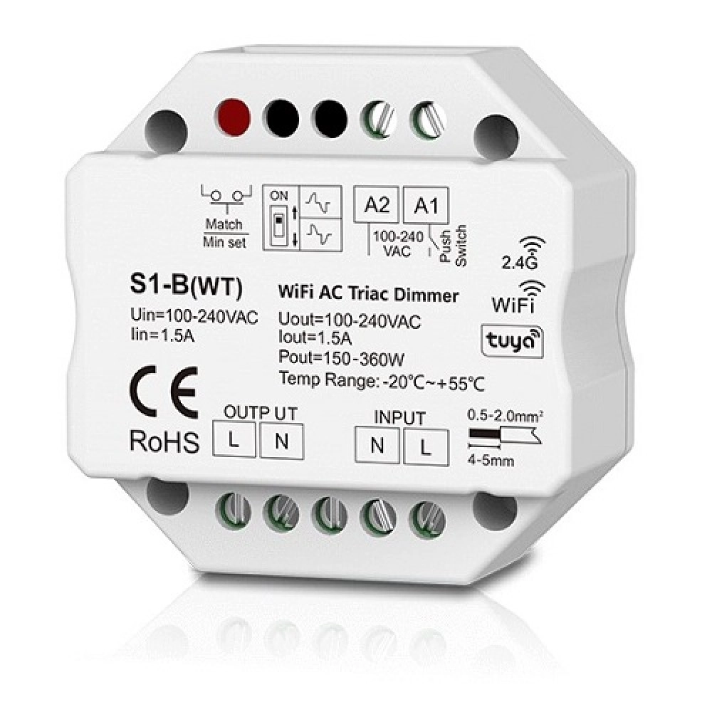 S1-B(WT) AC Triac Dimmer, Push-Dimm, Tuya, Wi-Fi