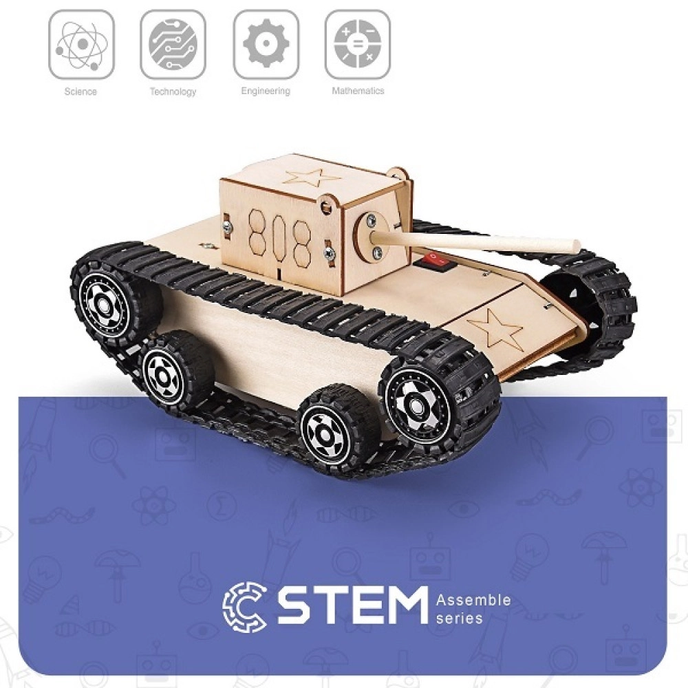 Wooden Assembly Kit Electric Army Tank, STEM Educational Toy                                        