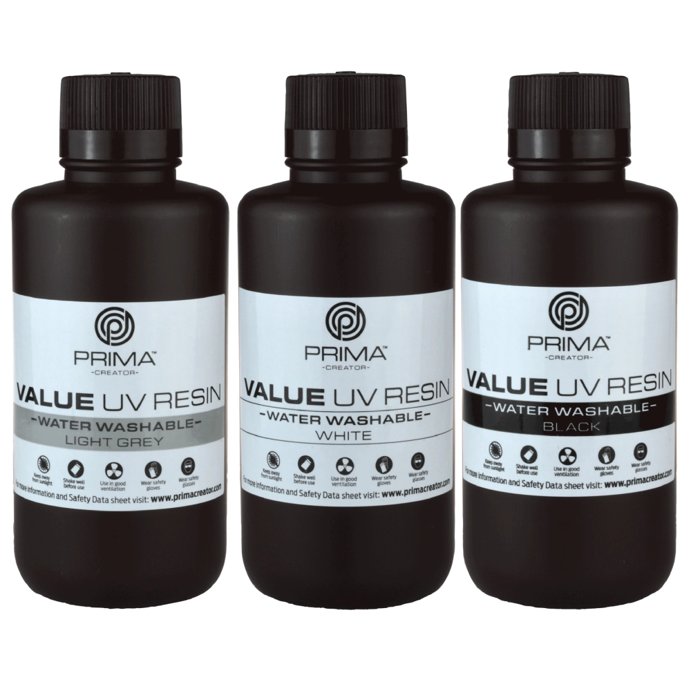 PrimaCreator Value Water Washable UV Resin - 3 x 500 g - White, Black, Light Grey